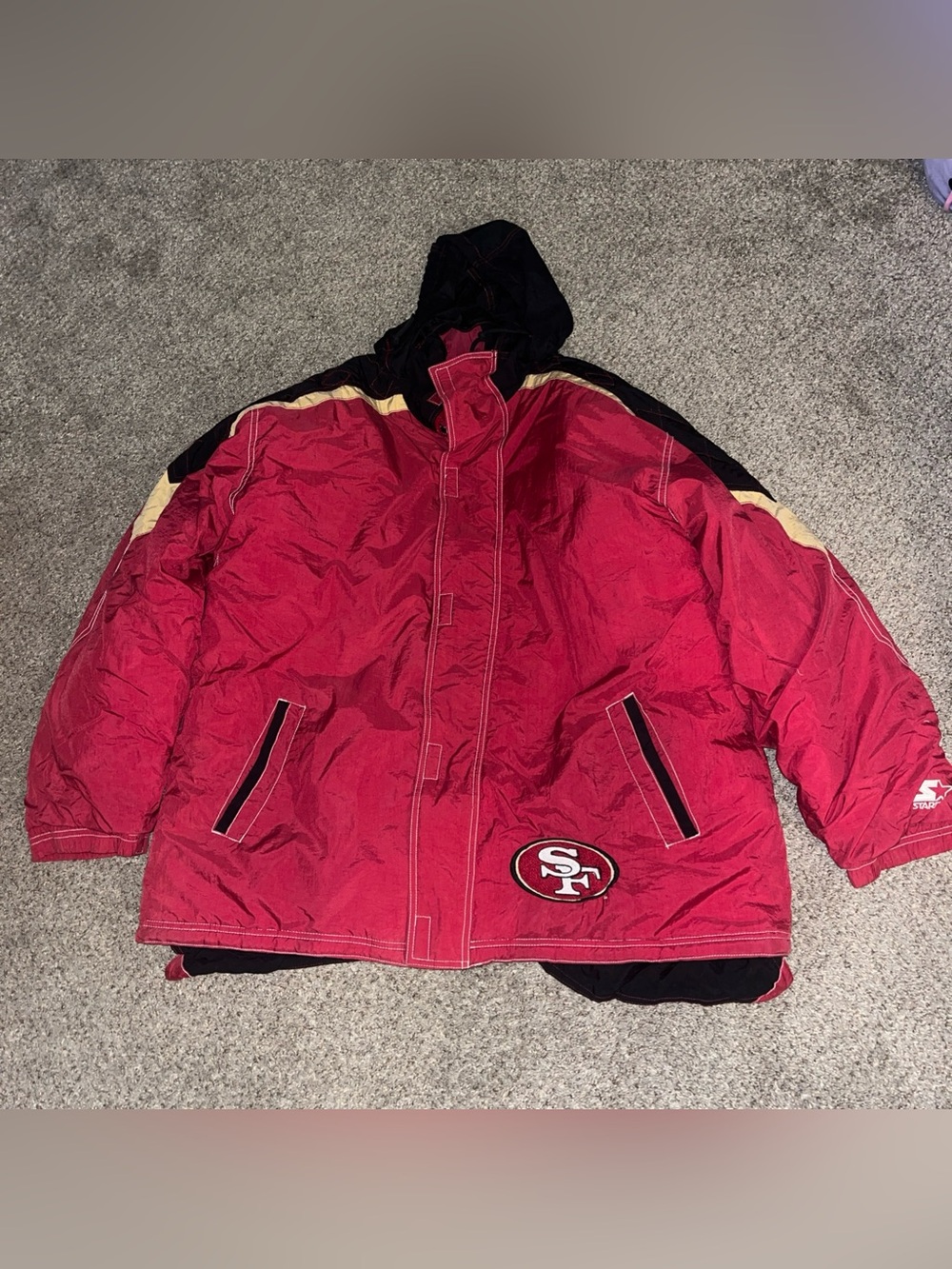 Vtg 90s San Francisco 49ers Starter Puffer Trench Coat Hooded Jacket XL SF Logo